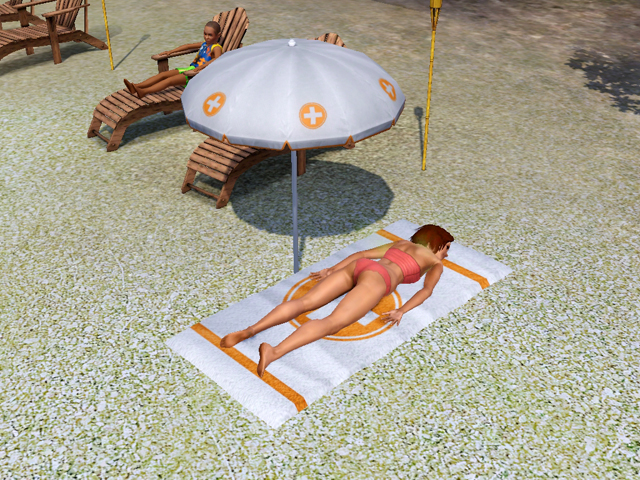 Sims 3: Опытные спасатели загорают на особом полотенце.