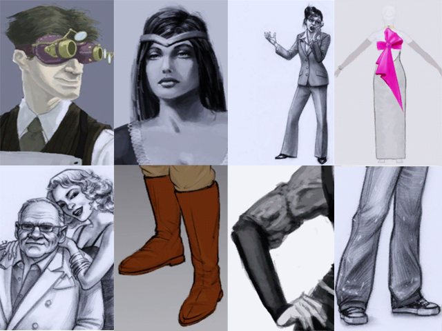 Sims 3: Примеры эскизов одежды, нарисованных на чертежном столе.