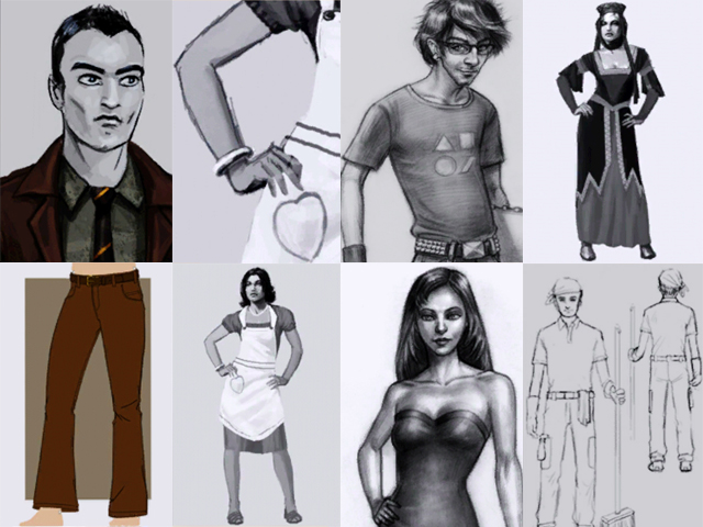 Sims 3: Примеры эскизов одежды, нарисованных на чертежном столе.
