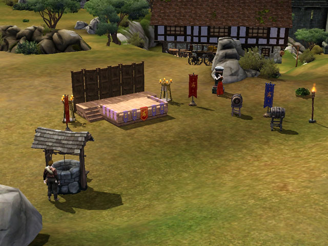 Sims Medieval: Специально для выступления на городской площади построили мостки.