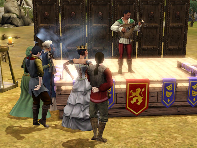 Sims Medieval: Маг и бард устроили поистине зажигательное выступление.