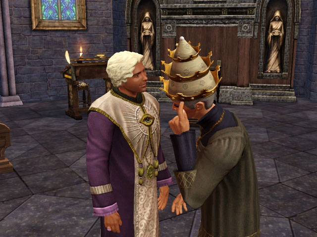 Sims Medieval: Церковный служка чем-то сильно взволнован.