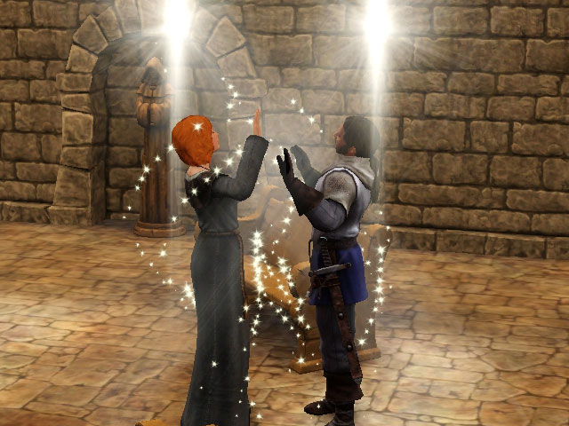 Sims Medieval: Петерианские священники любят молиться Смотрящему вместе с прихожанами.