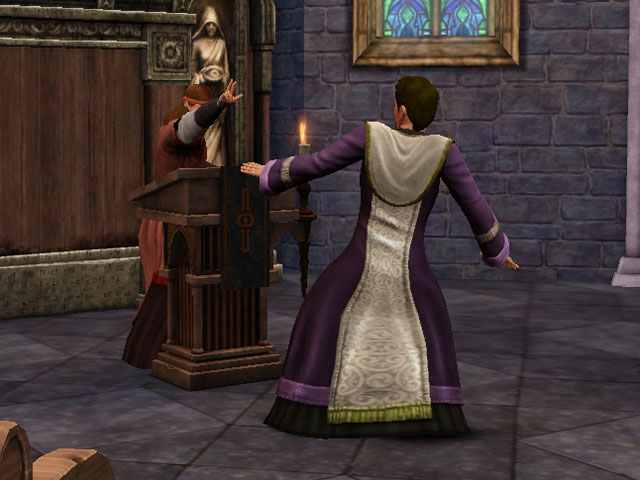 Sims Medieval: Кафедра служит не только для чтения проповедей, но и для отпущения грехов прихожанам.