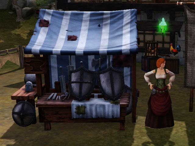 Sims Medieval: Торговец в своей лавке.