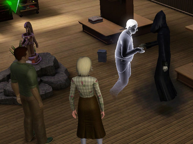 Sims 3: Даже на общественном участке никто не застрахован от появления мрачного мужичка с косой.