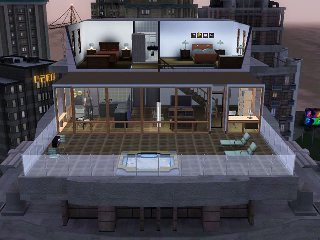 Sims 3: Двухэтажный пентхаус с двумя спальнями, двумя ванными и балконом.