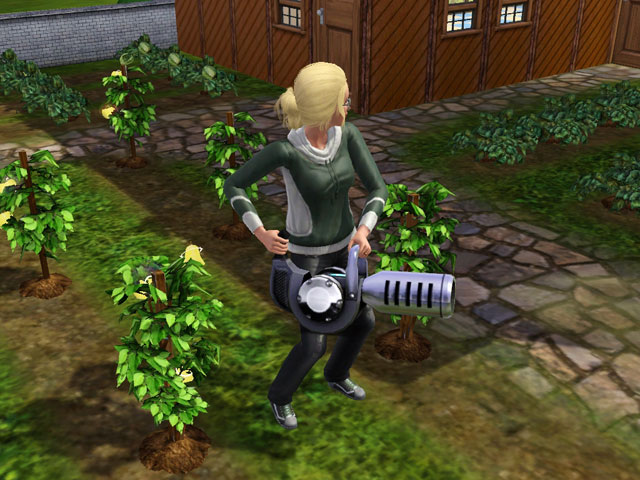 Sims 3: Плоды на кустах начинают подрагивать перед тем, как их засосет машина-уборщик.