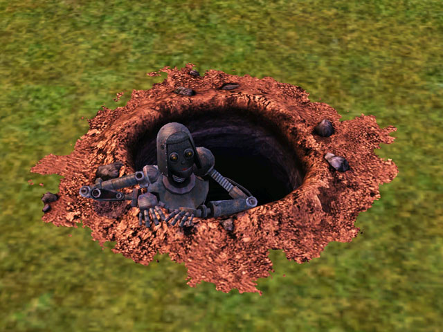 Sims 3: Симбот, вылезающий из скважины в конце подземного приключения.