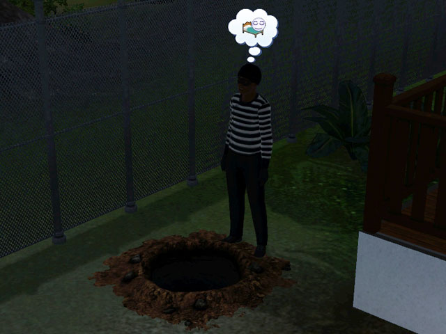 Sims 3: Преступник, совершающий побег через скважину изобретателя.