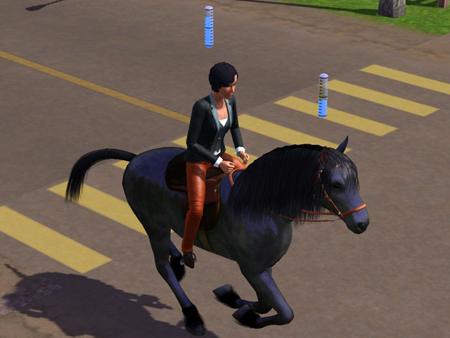 Sims 3: Лошадь и жокей тренируются вместе во время поездок по городу.