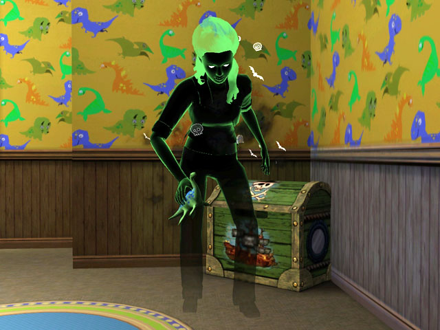 Sims 3: За призраком ведьмы, погибшей во время спиритического сеанса, тянется след из черного дыма с различными символами.