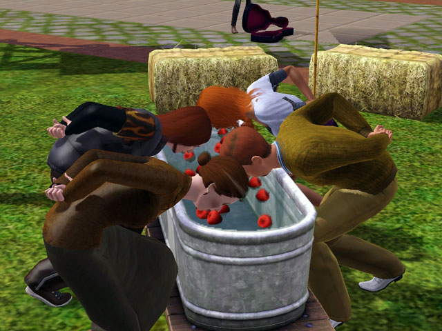 Sims 3: Соревнования в вылавливании яблок ртом.