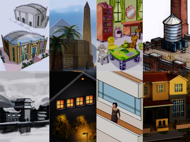 Sims 3: Примеры эскизов помещений и зданий, нарисованных на чертежном столе.