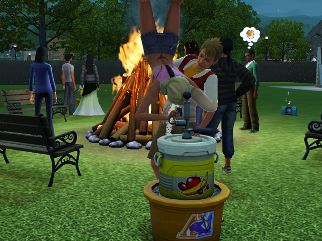 Sims 3: Персонажи могут делать эффектные стойки над бочкой с пивом.