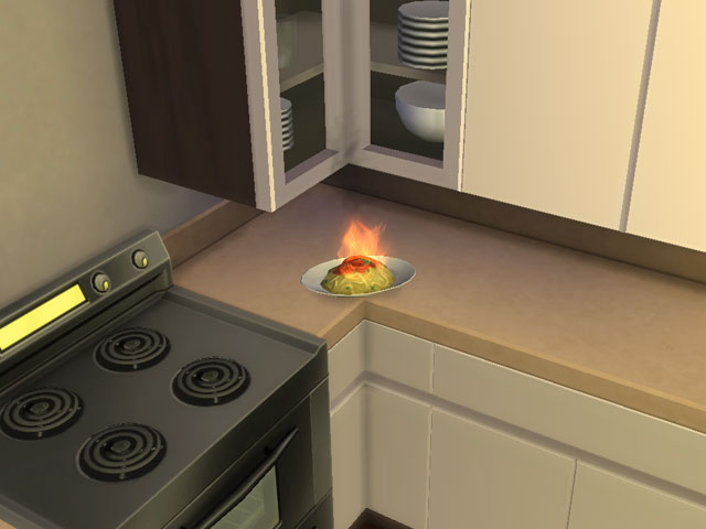 Sims 4: Пылающие спагетти горят в тарелке.