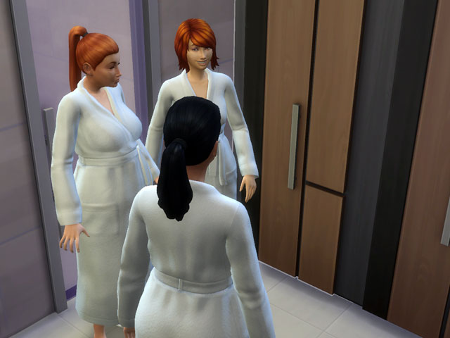 Sims 4: Посетители спа-салона предпочитают ходить в халатах или полотенцах.