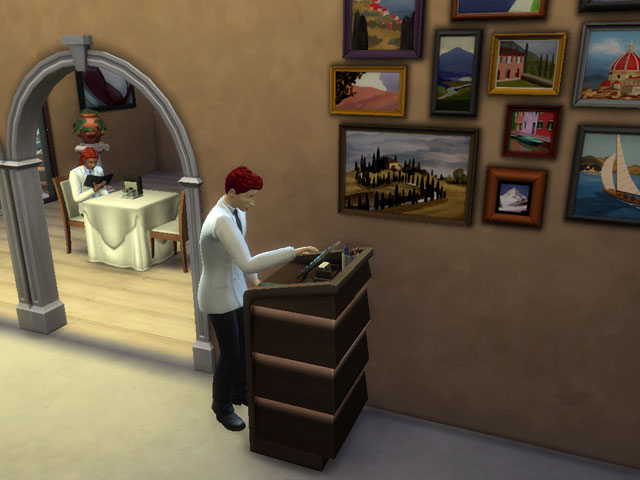 Sims 4: Администратор встречает всех новых посетителей и рассаживает их за столики.