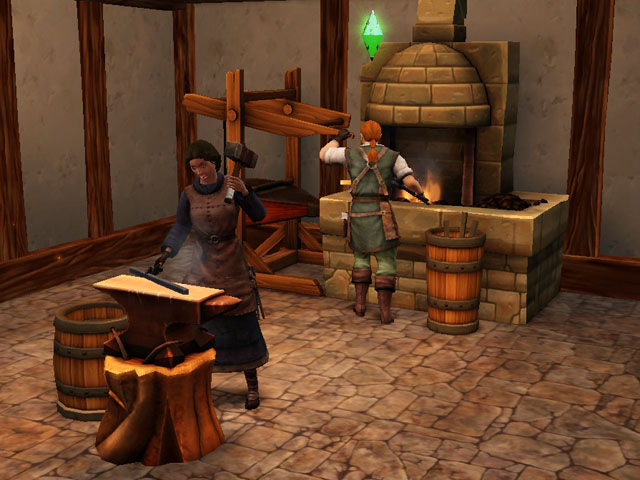 Sims Medieval: Подмастерье будет создавать видимость работы в кузнице.