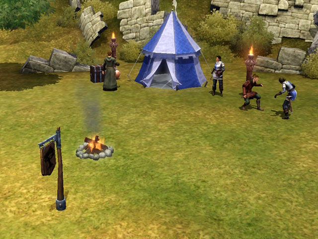 Sims Medieval: Рудокопы разбили небольшой лагерь на опушке леса.