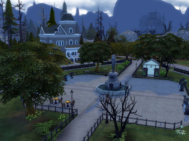 Sims 4: Форготн Холлоу даже днем выглядит очень мрачно.