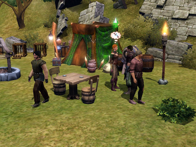 Sims Medieval: Охотники разбили лагерь на лесной опушке.