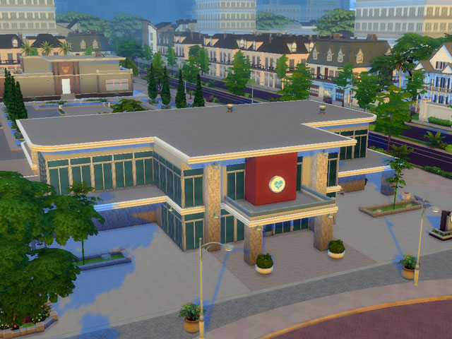 Sims 4: Городская больница находится в центре большого города по соседству с полицейским участком.