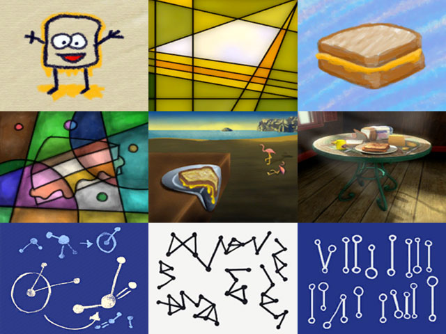 Sims 4: Шесть работ в жанре «Жареный сыр» и три математические диаграммы.