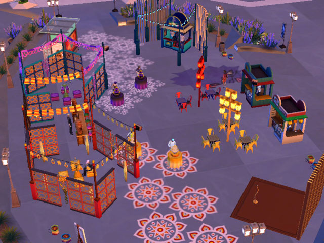 Sims 4: Площадка фестиваля «Шутки и забавы» визуально разделена на светлую и темную половины.