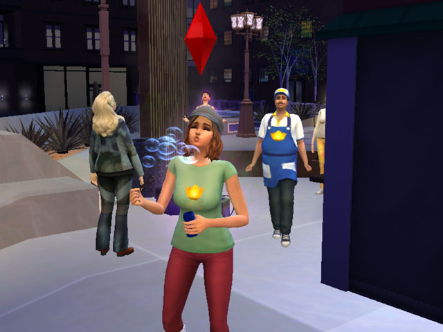 Sims 4: Персонаж в фестивальной майке, пускающий фестивальные мыльные пузыри.