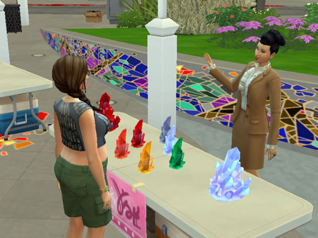 Sims 4: Коллекция кристаллов на одном из прилавков.