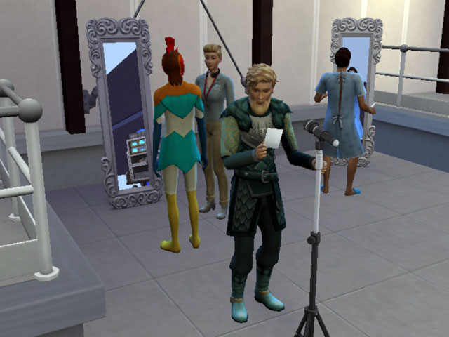 Sims 4: Актеры массовки в разных костюмах готовятся к съемкам.