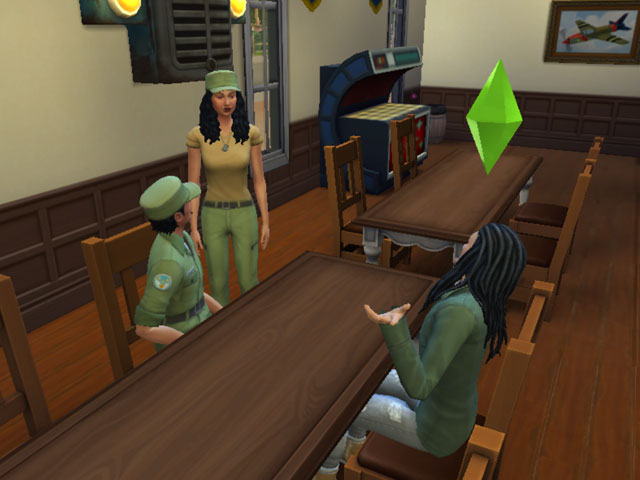 Sims 4: Трусливые военные тусуются в местном баре. Персонажу придется потратить много красноречия, чтобы уговорить их выполнить свою работу.
