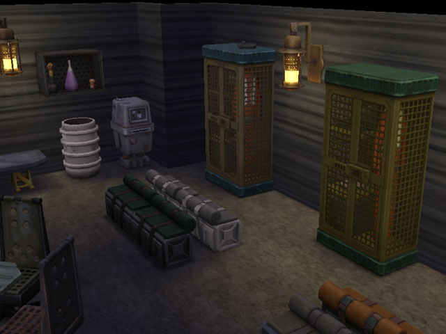 Sims 4: Шкафчики сопротивления и Дроид Гонк в бункере Сопротивления.