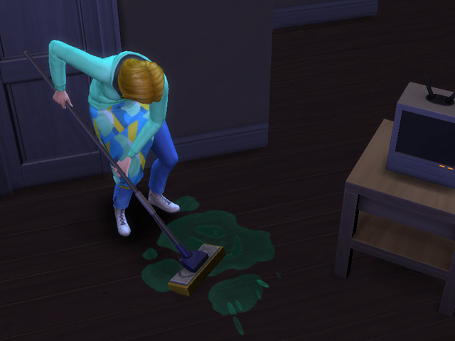 Sims 4: Персонаж вытирает лужу потусторонней слизи.